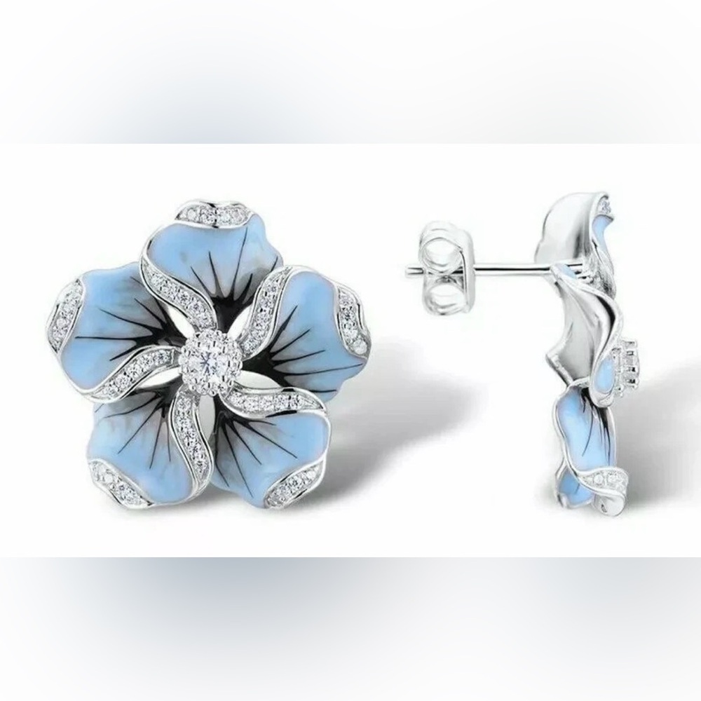 NEW 925 Silver Plated Blue Flower Stud Statement Earrings, Crystal Cubic Zircon - Picture 3 of 8